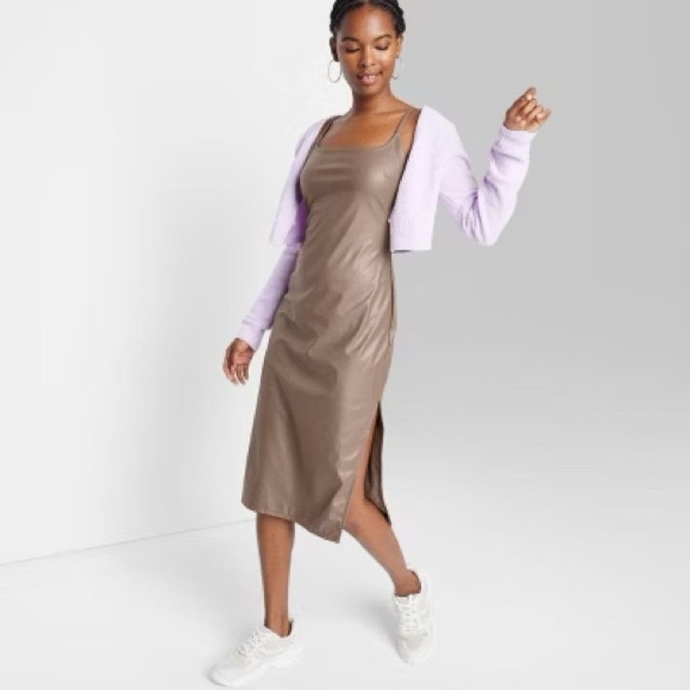 Faux leather tan Midi Dress